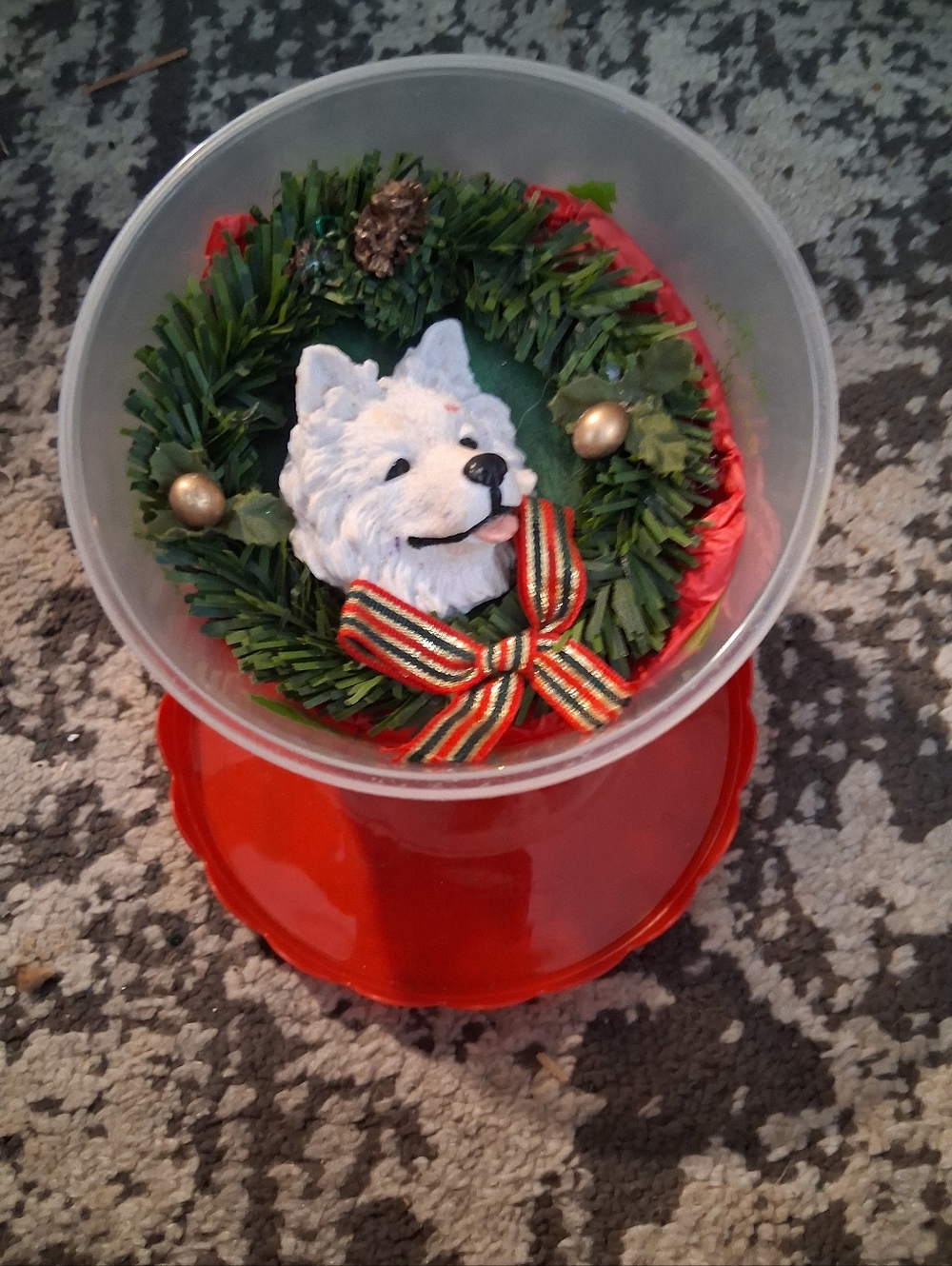 White Dog Head Christmas Wreath Ornament with Red Green Bow